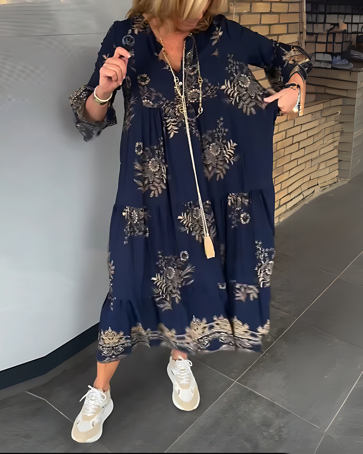Midi Dress in Flowing Fabric with Pattern