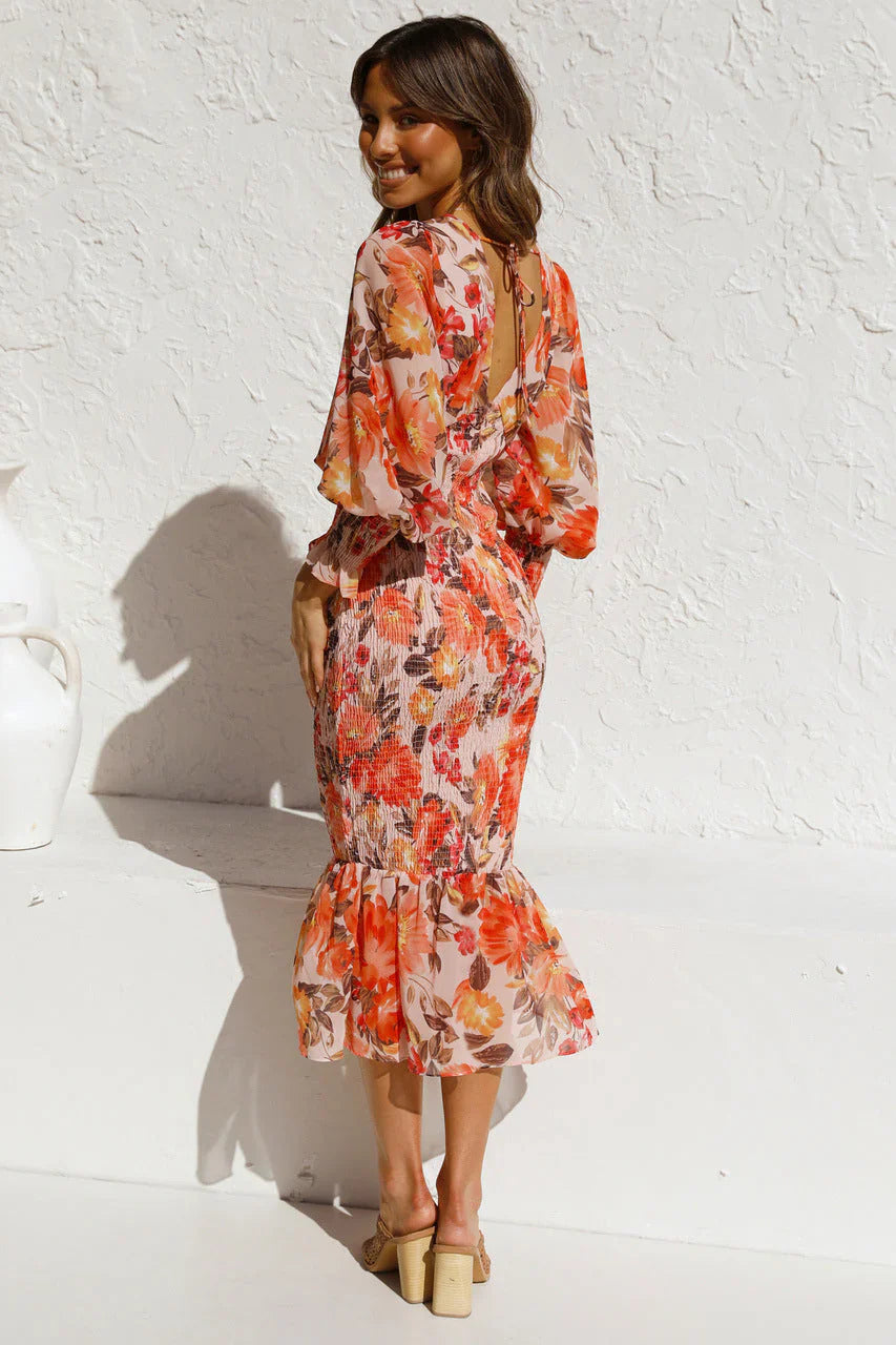 Printed maxi dress for women with a V-neckline