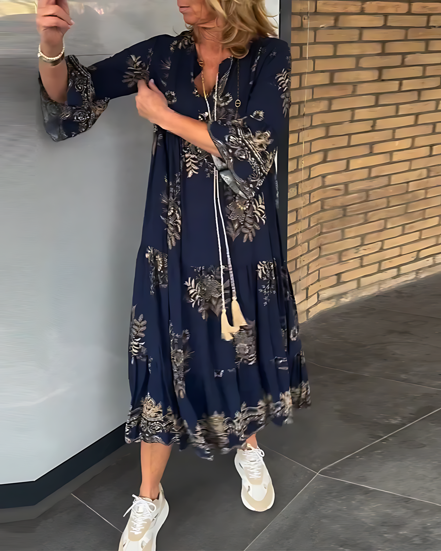 Midi Dress in Flowing Fabric with Pattern