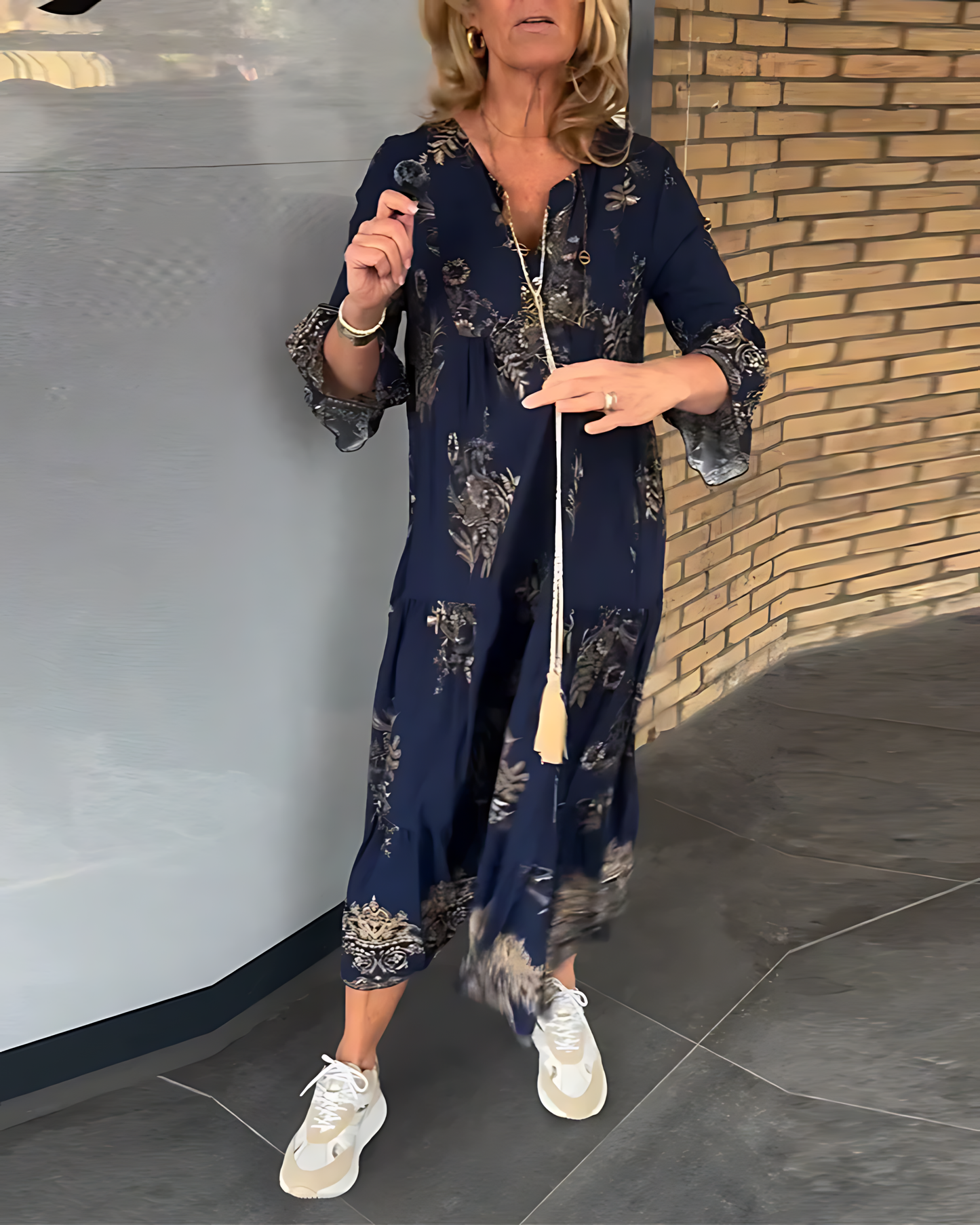 Midi Dress in Flowing Fabric with Pattern